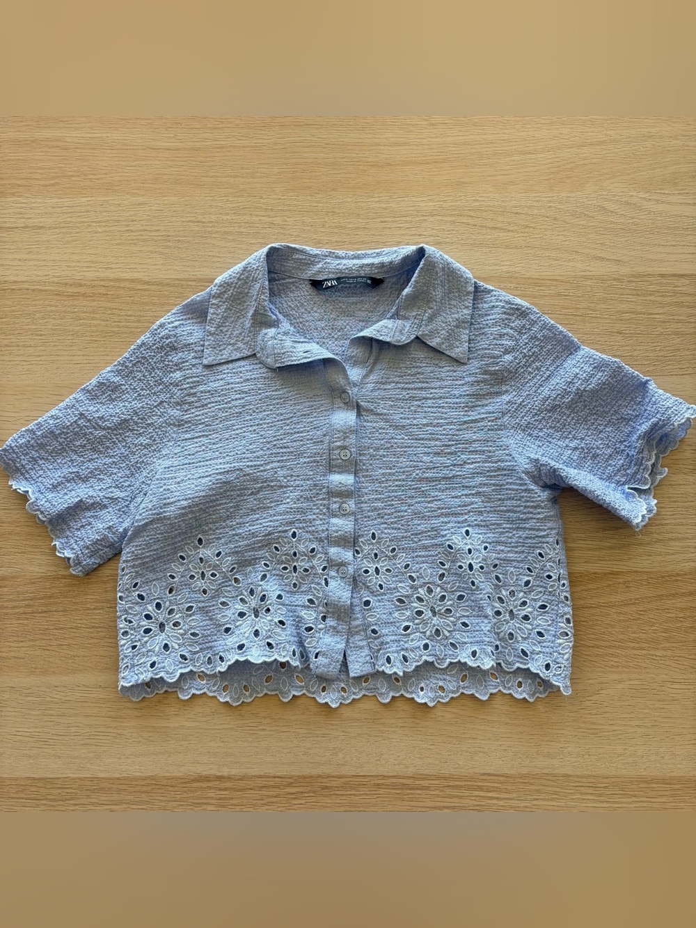 Zara Light Blue Cropped Eyelet Button-Front Top